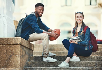 Image showing Education, campus friends and diversity students relax before college lecture class, learning or study course. University, knowledge and school portrait of woman and black man on football scholarship