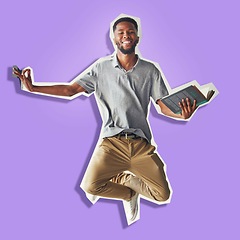 Image showing Student, paper cutout and study in scrapbook purple background in graphic design, digital art or nft. Black man, learning and education with book in creative picture, advertising or digital marketing