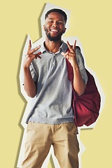 Image showing University, education and portrait of student with peace sign and backpack ready for learning or studying. Scholarship, hand gesture and male college student from Nigeria on yellow cutout background.