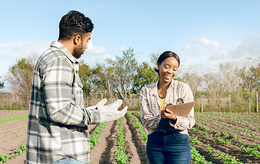 Image showing Farm, farmer and woman with clipboard for agriculture, sustainability and organic produce inspection. Farming, small business and health inspector writing health, wheat and agreement check on field