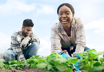 Image showing Farmer, gardening and agriculture portrait in field with happy black woman and indian man working. Nature, soil and interracial farming people on vegetable produce farm together with low angle.