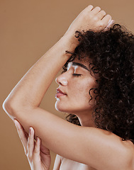 Image showing Skincare, beauty and natural hair of a woman in studio feeling calm and peace for self love mockup with cosmetics, makeup and hair care. Face of aesthetic model with soft skin from dermatology