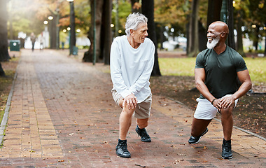 Image showing Fitness, friends and exercise with senior men stretching for a warm up at an outdoor park for health and wellness during retirement. Old man and cardio partner together for a workout while talking