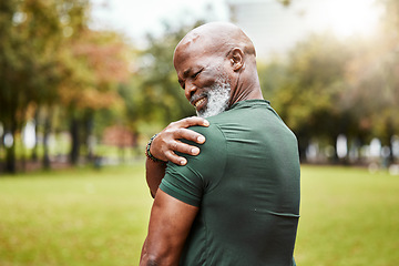 Image showing Senior black man with shoulder pain, fitness injury and exercise in the park with muscle ache or inflammation outdoor. Health, accident during workout and hurt, elderly person with pain from sport.