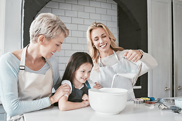 Image showing .Cooking, learning and family in kitchen with milk jug for food mixing preparation with smile. Happy, wellness and excited child watching mother pouring baker ingredients with grandma in home.