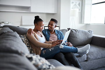Image showing Laptop, love or happy black couple in living room sofa, search for film or movie online website, internet in house. Smile, tech or man and woman bonding for networking, social media or home streaming