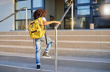 Image showing Education, back to school and student in the morning ready to start learning and studying at school. Child with backpack walking on academy steps going to class for study and academic lifestyle