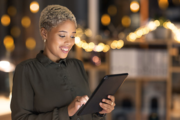 Image showing Business woman, tablet and designer with smile for social media, marketing or advertising on bokeh background. Happy female smiling while working on touchscreen for market research or communication