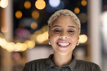Image showing Business portrait, smile and corporate woman worker at night happy and ready to start working late. Professional, startup and young female entrepreneur proud with workplace growth and job vision