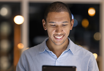 Image showing Business man, tablet and working on digital web and social media for accounting job in a office. Financial advisor with happiness looking at a internet video on technology typing on company tech