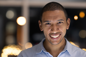 Image showing Business man portrait, smile and corporate worker ready for financial and accounting work at night. Company vision and happiness of a black man smile about finance growth in a modern office