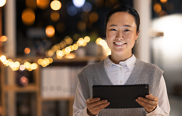 Image showing Digital, business woman portrait and tablet of a software tech worker at night with a smile. Corporate coding and technology employee in a office happy about company online vision and seo growth