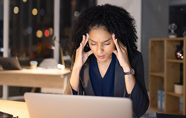 Image showing Work stress, headache and black woman working on a office computer at night on business deadline. Anxiety, burnout and head pain from professional stress and fatigue with technology and email