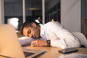 Image showing Work fatigue, business man and sleeping office employee feeling burnout from night deadline. Sleep of a digital finance worker working late on a computer with technology tired of online fintech work