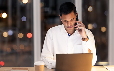 Image showing Phone call, laptop and night with businessman in office with coffee for overtime, management and email. Technology, internet and corporate with employee at desk for deadline, schedule or project