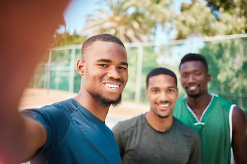 Image showing Sports, selfie and smile with friends on basketball court for teamwork, social media and training. Fitness, workout and collaboration with portrait of basketball player for exercise, happy and summer