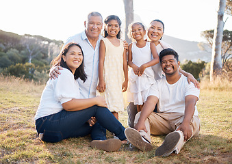 Image showing Big family, hug and outdoor park with mother, children and grandparents with family love and care. Portrait of a dad, mom and kids together feeling happy with a smile in nature on summer vacation