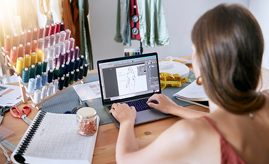 Image showing Fashion, clothes and digital designer woman working on a computer planning clothing production. Online, web and textile design of a seamstress, tailor and stylist employee in a creative work studio