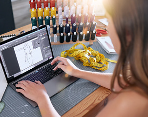 Image showing Fashion design, digital work and clothing production computer working on a online creative job. Textile manufacturing, seamstress and creative sewing worker on technology for tailor business