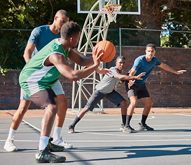 Image showing Basketball, game and fitness men team exercise with sport teamwork and athlete training. Outdoor basketball court with sports workout and wellness cardio of people in urban competition collaboration