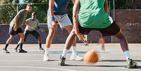 Image showing Basketball, team and fitness game outdoor training in a workout competition with teamwork. Cardio, sports and athlete group on a basketball court with goal exercise collaboration and challenge