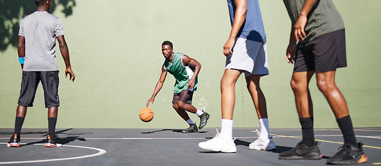 Image showing Sports, training and teamwork with man on basketball court for fitness, workout and exercise. Cardio, summer and friends with basketball player for energy, stamina and endurance in competition games