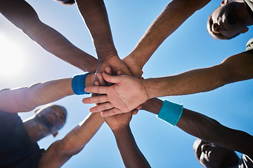 Image showing Hands, teamwork and unity for motivation below in sports collaboration, strategy or game cooperation outside. Hand of group piling for team coordination, agreement or partnership in sport meeting