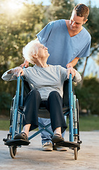 Image showing Healthcare, senior and wheelchair help of a woman with elderly nursing home nurse. Person patient with mobility disability happy with retirement caregiver nursing and helping for health care