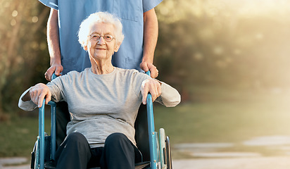 Image showing Healthcare, portrait and old woman in wheelchair with nurse in nature for wellness. Outdoors, disability and retired female with medical worker for healthy sunshine or enjoying time at park or garden