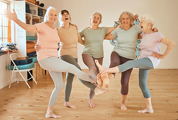 Image showing Friends, fitness and dance with a senior woman group having fun together in an exercise class. Gym, wellness and health with a mature female team training in a studio for an aerobic workout