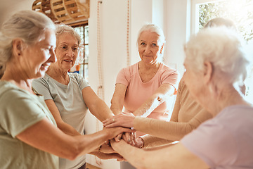 Image showing Teamwork, senior and hands of women together in community support, solidarity and collaboration. Team building success, elderly friends and group of people united in celebration for retirement health