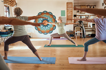 Image showing Senior women, meditation and yoga class in a fitness studio while training a group of calm, relaxed and focused ladies. Stretching, mindful exercises and peaceful and healthy lifestyle or stretching