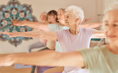 Image showing Yoga fitness, class and senior women training for elderly wellness, health and retirement self care in pilates studio. Healthcare, body workout and calm group of people exercise for healthy lifestyle