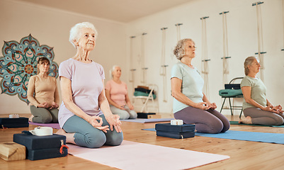 Image showing Yoga, lotus and group of senior women in gym meditating for spiritual health and wellness. Meditation, zen chakra and retired females training to relax for mindfulness and peace in fitness center.