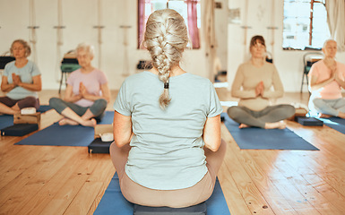 Image showing Yoga, personal trainer and senior women group for meditation, wellness and spiritual lifestyle with support, community and retirement. Fitness, pilates and cardio elderly people meditate with coach