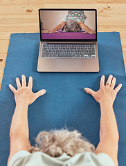 Image showing Computer, digital yoga and gym class of a woman fitness, exercise and wellness workout at home. Pilates, stretching and living room training video with technology streaming virtual health meditation