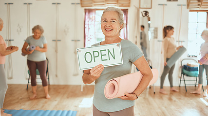 Image showing Yoga, open sign and elderly woman in studio with fitness for mature women, exercise and pilates for health and wellness. Balance, zen and workout portrait, training motivation for senior people.