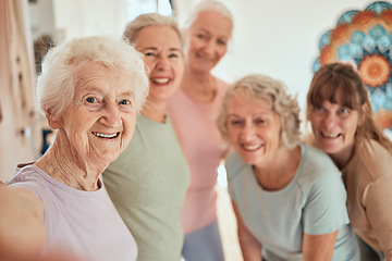 Image showing Elderly woman, friends and yoga selfie for healthy wellness, zen or fun spiritual training together at the studio. Portrait of happy senior women with smile for yoga class, photo or social activity