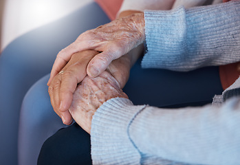 Image showing Holding hands, love and support in trust for elderly care, retirement or hope and respect at old age home. Senior hands touch in care, praying or comfort for help, reliable or community healthcare