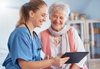 Image showing Nursing home, senior patient and nurse with tablet, medical exam results or digital report of stethoscope heart test. Medical support, communication and happy old woman consulting healthcare worker