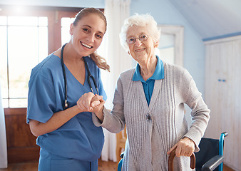 Image showing Holding hands, portrait and nurse with a senior woman after medical consultation in a nursing facility. Healthcare, support and caregiver or doctor doing a checkup on elderly lady in retirement home.