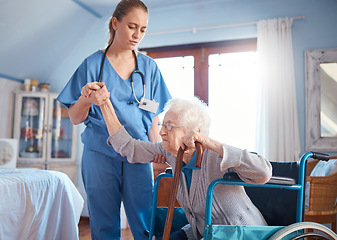 Image showing Disability, woman in wheelchair and bedroom with nurse or doctor helping in retirement or nursing home. Senior care, disabled grandma and healthcare, girl caregiver, support and help out of chair.