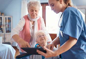 Image showing Senior woman, friend and nurse with tablet, learning and help with digital technology in retirement house. Elderly women, healthcare expert or nursing worker helping with technology at old age home