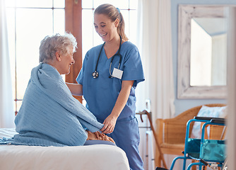 Image showing Retirement, healthcare and old woman with nurse in bedroom for support, rehabilitation and disability. Help, medical and consulting with caregiver and elderly patient in nursing home for therapy