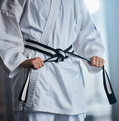 Image showing Karate, fitness and fighter with martial arts in the gym, sports motivation with black belt and defense training. Health, wellness and exercise with taekwondo and strong, power and active.