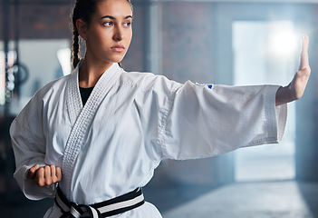 Image showing Karate, fitness and sport with woman, workout and training for fight, fitness and exercise in gym. Female athlete and champion attitude for self defense, training and power exercise with motivation