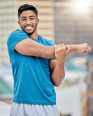 Image showing Fitness, exercise and stretching with a sports man doing a warm up before a workout or training routine. Portrait, health and stretch with a male athlete getting ready for a cardio run outdoor