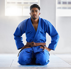 Image showing Karate, training and portrait of a coach ready for martial arts, fight and self defense sport at a gym. Fitness, focus and man in a uniform with a brown belt in taekwondo at a studio for sports