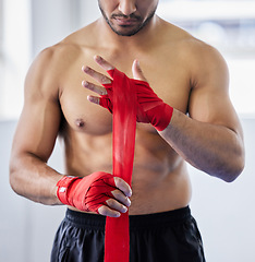 Image showing Boxer, hand wrap and sports man close up ready for boxing competition, fighter match or martial arts inspiration. Training workout, mma warrior and athlete wellness motivation for fight challange