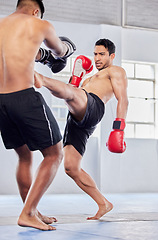 Image showing MMA, combat and fight with a sports man and rival fighting in a gym or health club for self defense. Fitness, exercise and training with a male fighter and competition in a gym for combat sport